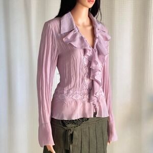 Vintage Y2K White Stag Purple Ruffle Lace Blouse Victorian Cottage Fairy Size M